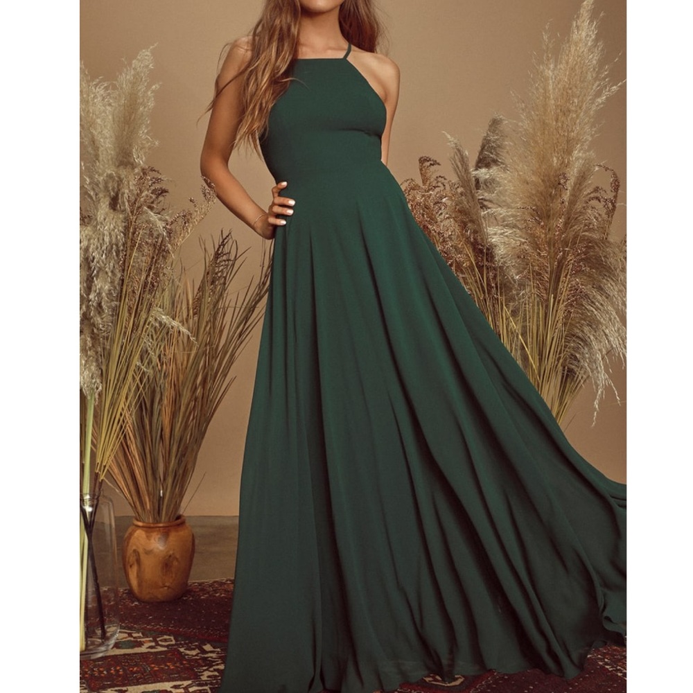 Dark green maxi open back dress